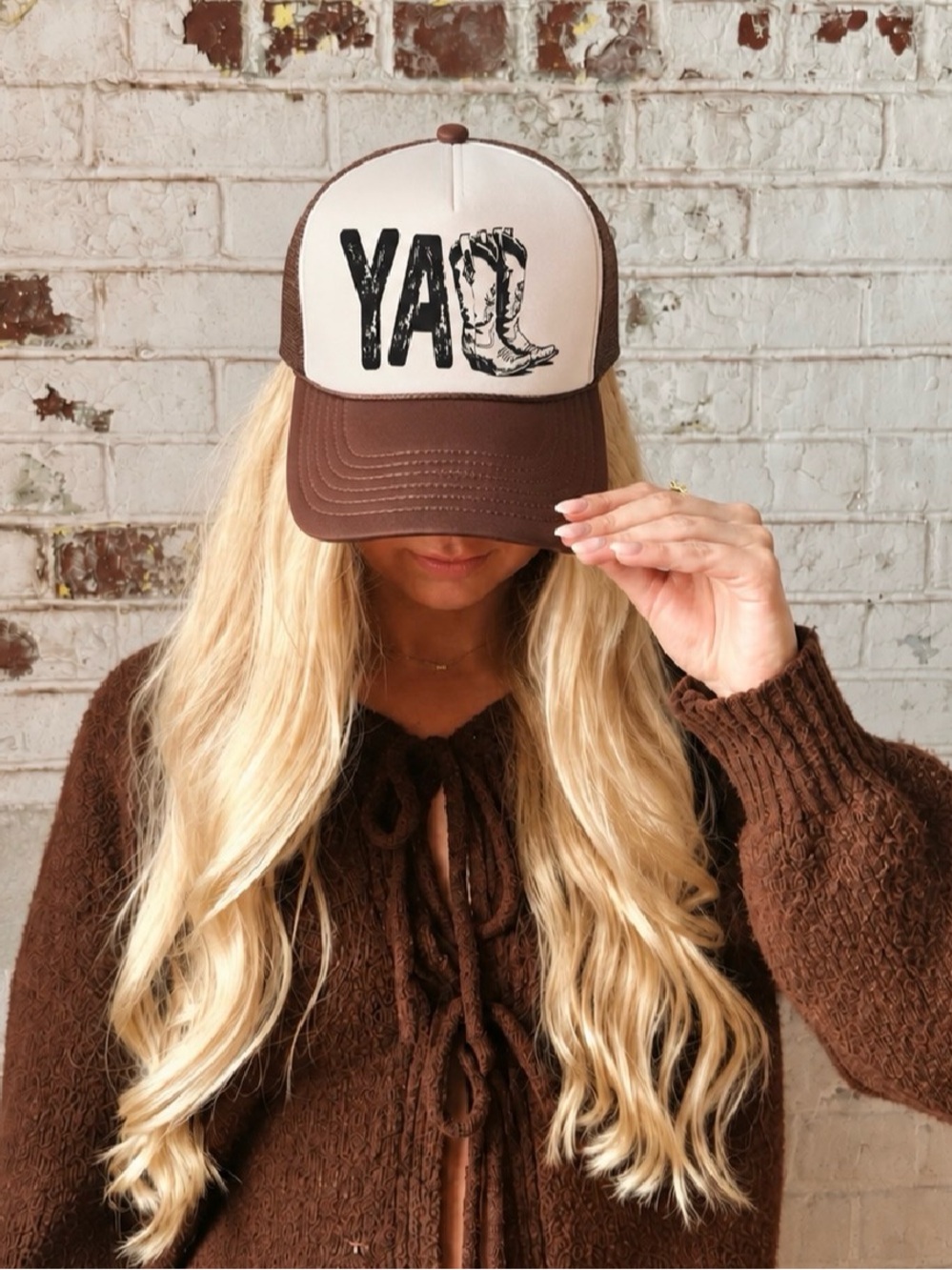 Brown and Cream Trucker Cap with Western Boot Graphic, YALL